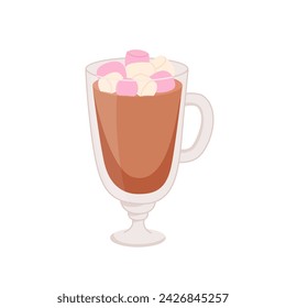 Coffee or chocolate glass with marshmallow. Cartoon hot drink in cup vector illustration. Cafe or restaurant icon. Breakfast time.
