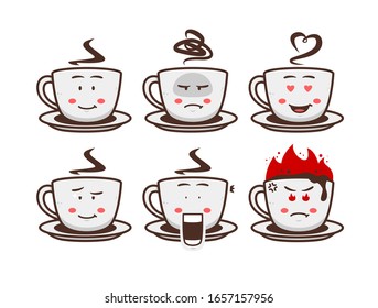 Coffee chocolate hot drink mug cup cartoon character mascot illustration set emoji with face expression