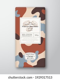 Coffee Chocolate Label Abstract Shapes Vector Packaging Design Layout with Realistic Shadows. Modern Typography Hand Drawn Beans Silhouette and Colorful Camouflage Pattern Background. Isolated.