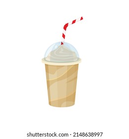 Coffee chocolate milk shake in plastic cup with cocktail tube on white background. Coffee cocktail. Vegetarian Healthy food. Vector illustration