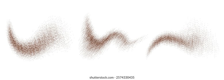 Coffee and chocolate powder dust. Isolated realistic 3d vector swirling and dusting grain waves, noisy cocoa scatters. Crumbs or granules, spicy cinnamon dust. Brown explosion, pithy sand splashes