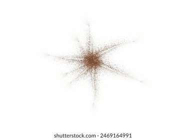 Coffee or chocolate powder, flying dust particles. Coffee colored dust grain texture star shape white background. Crushed granules of sand or brown cane sugar. Vector illustration of spilled powder