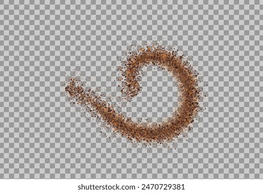 Coffee or chocolate powder, flying dust particles. Texture of dust particles in the wave or curl shape. Crushed granules of sand or brown cane sugar. Vector illustration of spilled powder