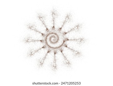 Coffee or chocolate powder, flying dust particles. Coffee colored dust grain texture in the shape of a spiral with rays. Crushed granules of sand or brown sugar. Vector illustration of spilled powder