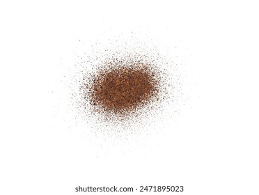 Kaffee- oder Schokoladenpulver, fliegende Staubpartikel. Kaffeefarbene Staubkornstruktur isoliert auf weißem Hintergrund. Zerkleinertes Granulat aus Sand oder braunem Rohrzucker. Vektorillustration verschütteten Pulvers