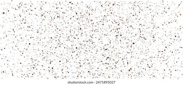 Coffee or chocolate powder, flying dust particles. Seamless white paper texture with brown dust particles. Cardboard paper gritty texture. Crushed granules of sand or brown sugar. Vector illustration.