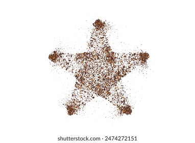 Coffee or chocolate powder, flying dust particles. Texture of dust particles in the shape of star on white background. Crushed granules of sand or brown sugar. Vector illustration of spilled powder.