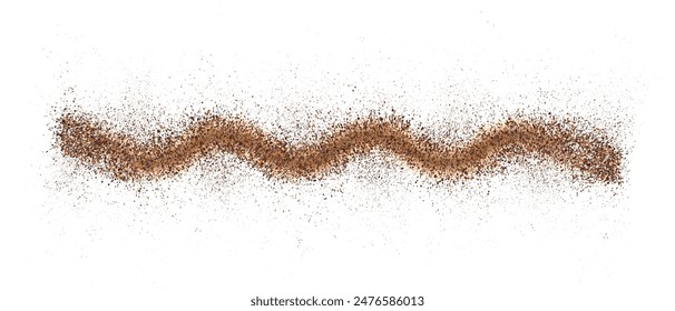 Coffee or chocolate powder, flying dust particles. Texture of dust particles in the zigzag line or stroke shape on white background. Crushed granules of sand or brown cane sugar, vector spilled powder