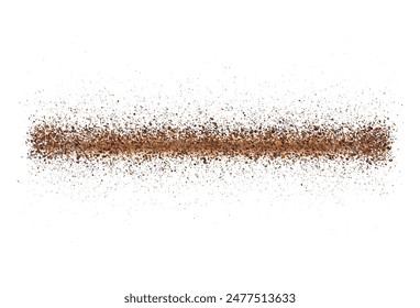 Coffee or chocolate powder, flying dust particles. Texture of dust particles in the line or stroke shape on white background. Crushed granules of sand or brown cane sugar. Vector spilled powder