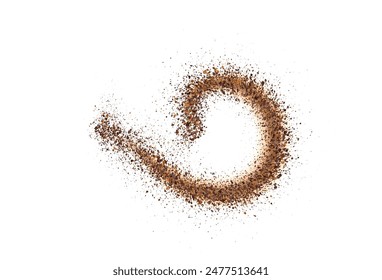 Coffee or chocolate powder, flying dust particles. Texture of dust particles in the wave shape on white background. Crushed granules of sand or brown cane sugar. Vector illustration of spilled powder