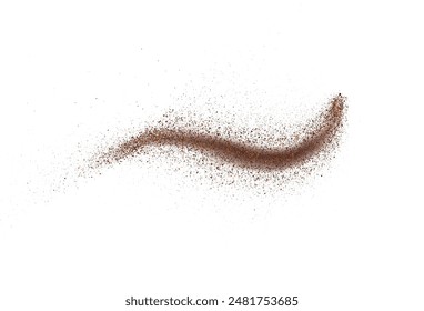 Coffee or chocolate powder, flying dust particles. Texture of dust particles in the wave shape on white background. Crushed granules of sand or brown cane sugar. Vector illustration of spilled powder