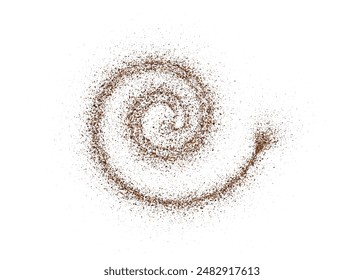 Coffee or chocolate powder, flying dust particles. Coffee colored dust grain texture in the shape of a spiral. Crushed granules of sand or brown sugar. Vector illustration of spilled powder