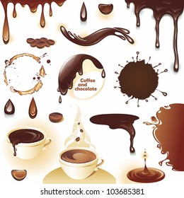 Coffee and chocolate. Set of drops and splashes. Vector illustration.