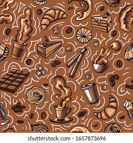 coffee chocolate texture seamless with drink and sweets, cake,