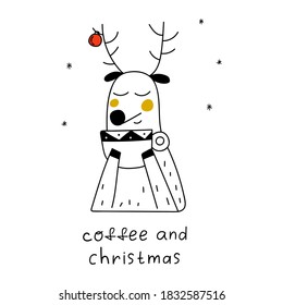 Coffee And Christmas. Cute Deer With Big Mug. Vector Illustration. Best For Greeting Cards Design. 