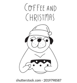 Coffee and Christmas. Pug wearing Santa's hat drink coffee. Outline vector illustration on white background.