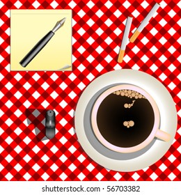 coffee and cigarettes against red picnic mesh, abstract vector art illustration