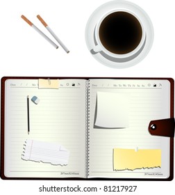 Coffee, cigarettes  and an open organizer, isolated and grouped objects over white