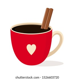 Coffee with cinnamon stick in red Cup with heart isolated illustration on transparent background