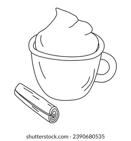 Coffee with cinnamon and whipped cream, doodle style flat vector outline for coloring book