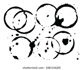 Coffee circle black vector texture on transparent background. Black and white coffee design element. Wet cup mark and splatter. Cafe menu decor. Wet circle on table. Coffee texture. Cafe table surface