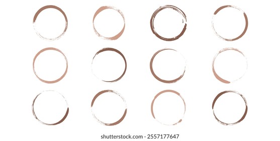Coffee circle, stain mocha mousse color, paint brush grunge texture, cup ink mark, round chalk trace isolated on white background. Watercolor border trendy colour swatch 2025 year. Vector illustration