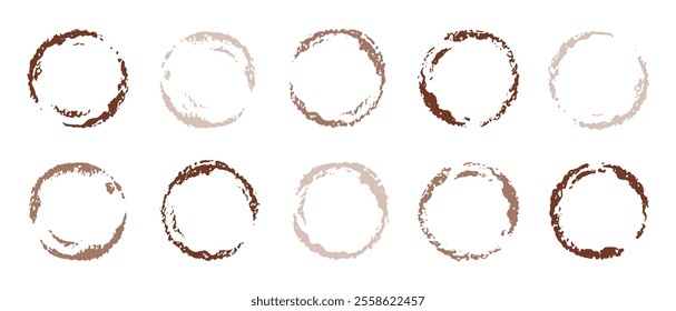 Coffee circle stain in mocha mousse 2025 color. Vector icon on white background. Abstract frame, watercolor food illustration. Chocolate water paint cup ring. Coffee circle stain. Mocha mousse drink