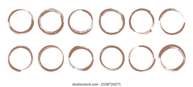 Coffee circle, stain mocha mousse color, paint brush grunge texture, cup ink mark, round chalk trace isolated on white background. Watercolor border trendy colour 2025 year. Vector illustration