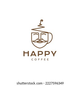 coffee ciup with face man mustache line logo design vector