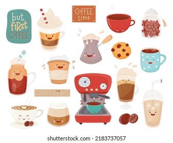 Coffee Clipart Pack. Cartoon Characters and Elements on White Background. Vector Illustration