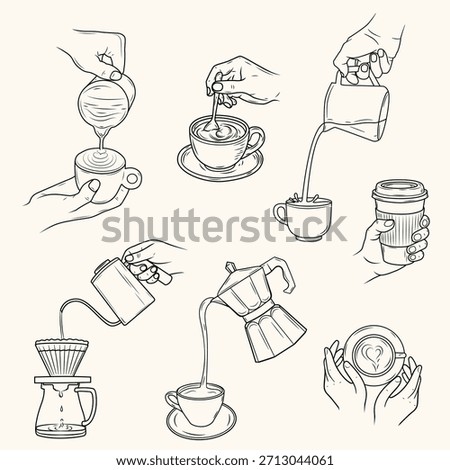 Coffee Clipart Set – Hand Drawn Line Art Coffee Machines, Cups, Beans, Drinks and Brewing Tools – Outline Illustration Collection