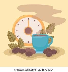 reloj de café y granos con hojas