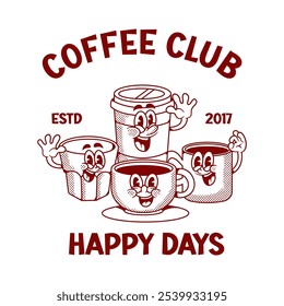 Club de café Vector de dibujos animados retro dibujado a mano Vector de dibujos animados retro dibujado a mano