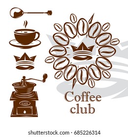 Coffee club logo and coffee grain, coffee grinder, spoon, cup, crown. Vector illustration EPS 10.