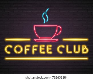 Coffee Club Neon Light Glowing Sign Vector Illustration, Bright Night Sign, Night Advertisement of Coffee