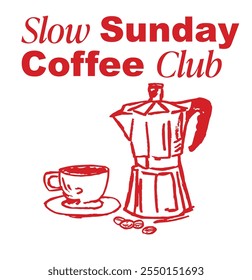 Coffee-Club-Slogan mit Kaffeetasse und Moka-Pot-Illustration für Bekleidung, Aufkleber, Charge, Hintergrund, Poster und andere. Vektorgrafik