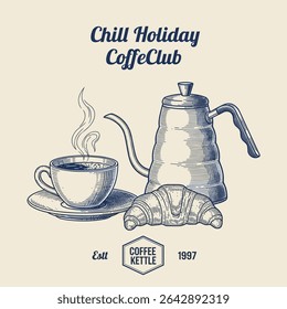 slogan do clube de café impresso. com vintage mão desenhada. Tipografia retrô motivacional slogan café imprimir. desenho xícara de café para camiseta t gráfico ou adesivo de cartaz - Vetor