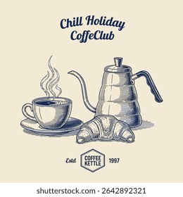 slogan do clube de café impresso. com vintage mão desenhada. Tipografia retrô motivacional slogan café imprimir. desenho xícara de café para camiseta t gráfico ou adesivo de cartaz - Vetor