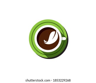 coffee cocholate tea or any hot drink beverage in white cup with green coaster and o leaf above