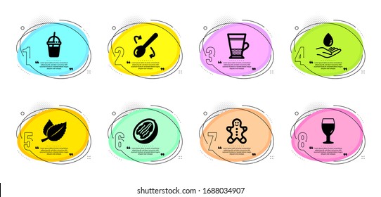 Coffee cocktail, Cooking spoon and Gingerbread man signs. Timeline infographic. Beer glass, Mint leaves and Double latte line icons set. Water care, Pecan nut symbols. Vector