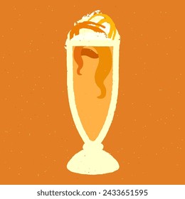 Coffee cocktail with cream and caramel. Cappuccino Latte in glass. Coffee in hurricane glass. Milkshake. Alcohol drink for bar. Flat vector illustration with texture