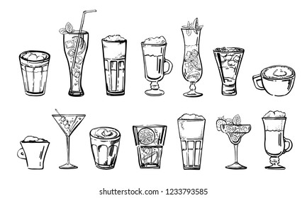 Coffee and cocktail drinks set. Hand drawn outline cartoon vector sketch. Black on white background