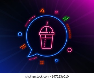 Coffee cocktail line icon. Neon laser lights. Hot latte, milkshake sign. Tea drink mug symbol. Glow laser speech bubble. Neon lights chat bubble. Banner badge with coffee cocktail icon. Vector