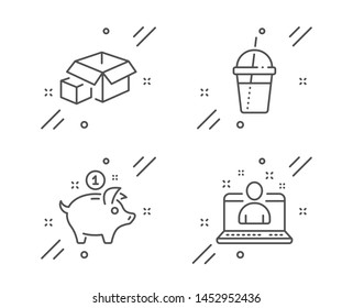 Coffee cocktail, Packing boxes and Saving money line icons set. Best manager sign. Milkshake, Delivery package, Piggy bank. Best developer. Business set. Line coffee cocktail outline icon. Vector