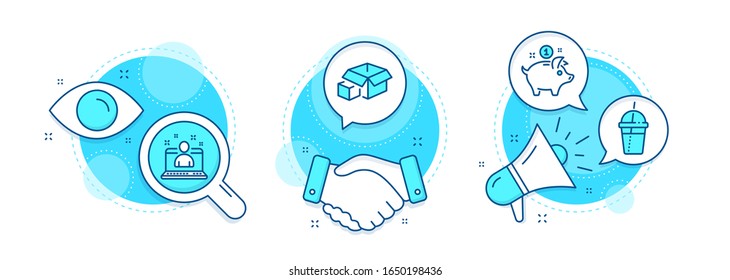 Coffee cocktail, Packing boxes and Saving money line icons set. Handshake deal, research and promotion complex icons. Best manager sign. Milkshake, Delivery package, Piggy bank. Best developer. Vector