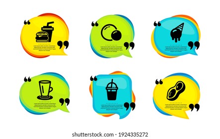 Coffee cocktail, Peas and Teacup icons simple set. Speech bubble with quotes. Ice cream, Hamburger and Peanut signs. Milkshake, Vegetarian seed, Tea or latte. Vector