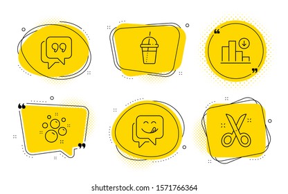 Coffee cocktail, Quote bubble and Scissors signs. Chat bubbles. Clean bubbles, Yummy smile and Decreasing graph line icons set. Laundry shampoo, Emoticon, Crisis chart. Milkshake. Business set. Vector