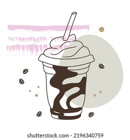 Coffee cocktails, drink with creamy foam, delicious aroma of coffee, in a glass with whipped cream, sketch in doodle style