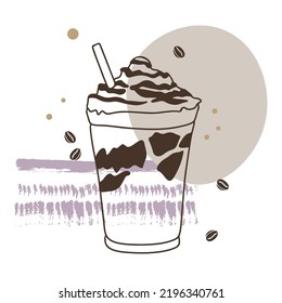 Coffee cocktails, drink with creamy foam, delicious aroma of coffee, in a glass with whipped cream, sketch in doodle style