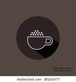 Coffee cocktails outline vector icon set. Hot chocolate, latte, irish cream cup with marshmallows on top. Round flat design sign with long shadow.